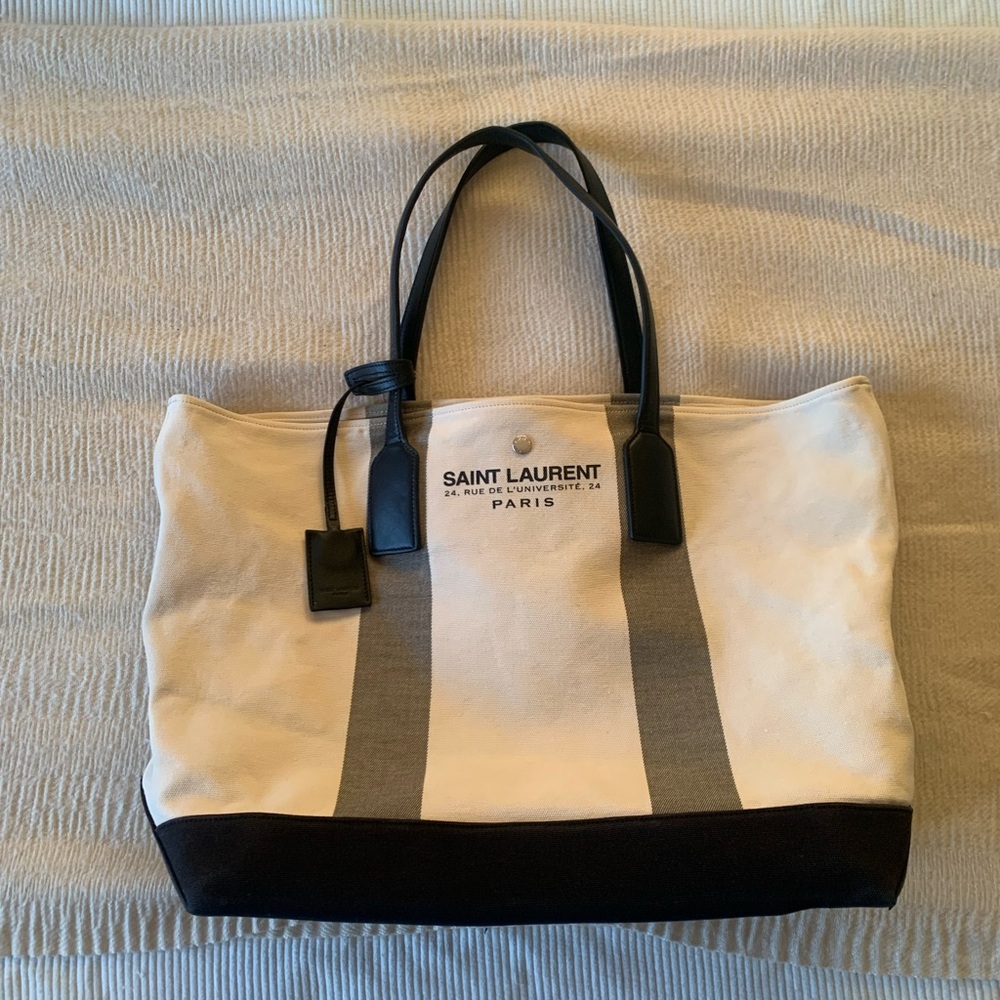 SAINT LAURENT Canvas Beach Shopping East West Tote Ecru
